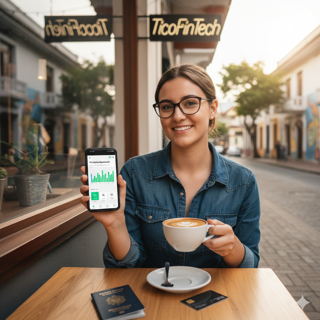 Mujer en Costa Rica consultando préstamos digitales y su historial crediticio en un café.
